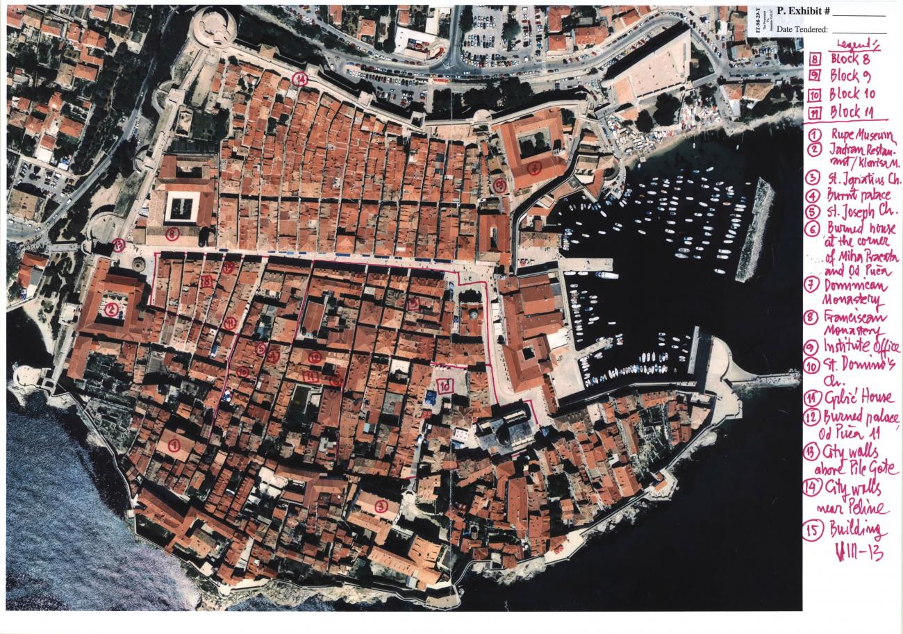 Aerial photograph of Dubrovnik with marked damages - evidence of the ICTY Prosecution